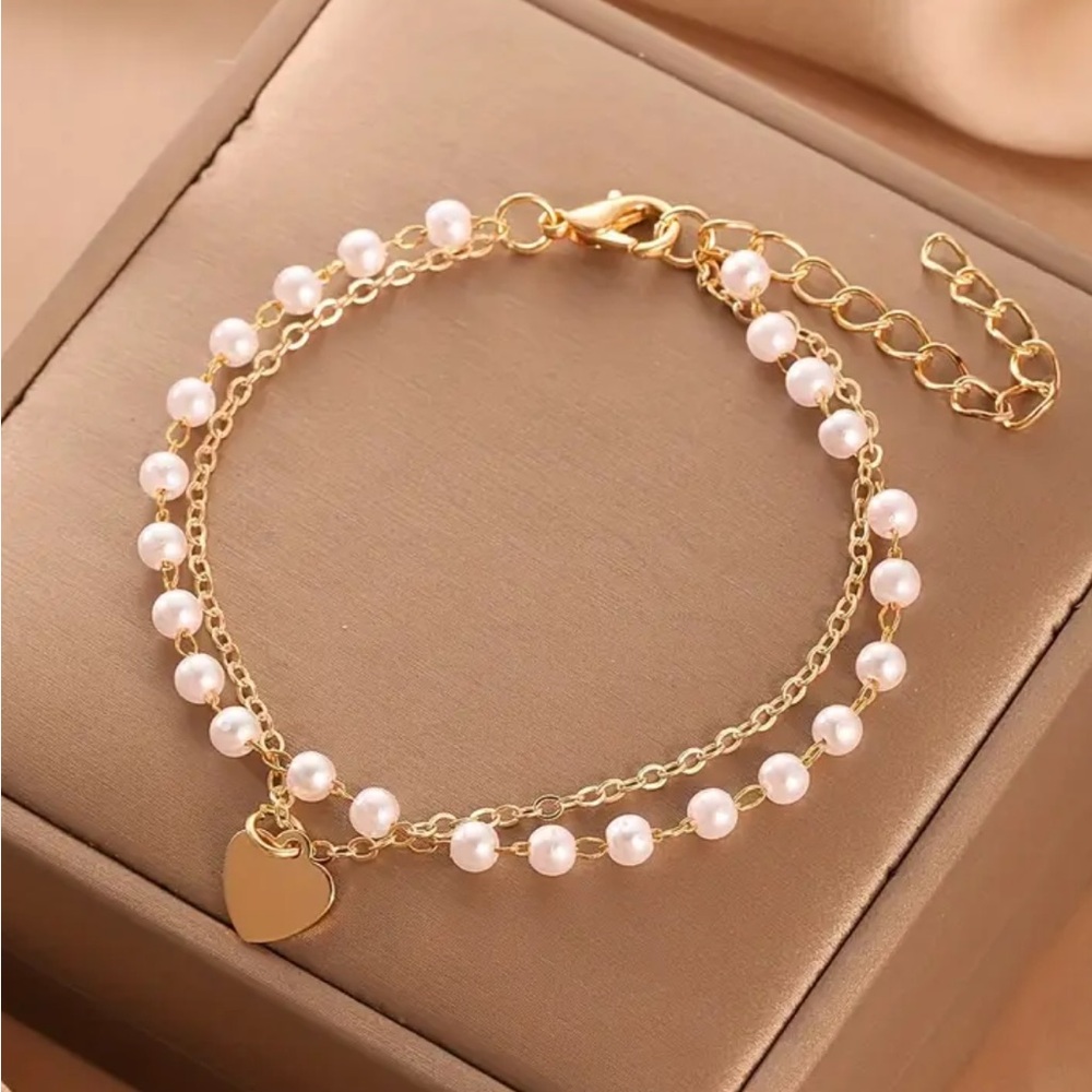Gold Pearl Double-Layer Heart Charm Bracelet